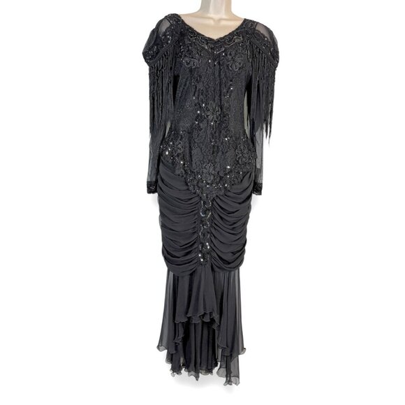 Vintage Black Beaded Fringe Gown Lace Ruched Sequin Cocktail Whimsigoth Dress M - Picture 1 of 17